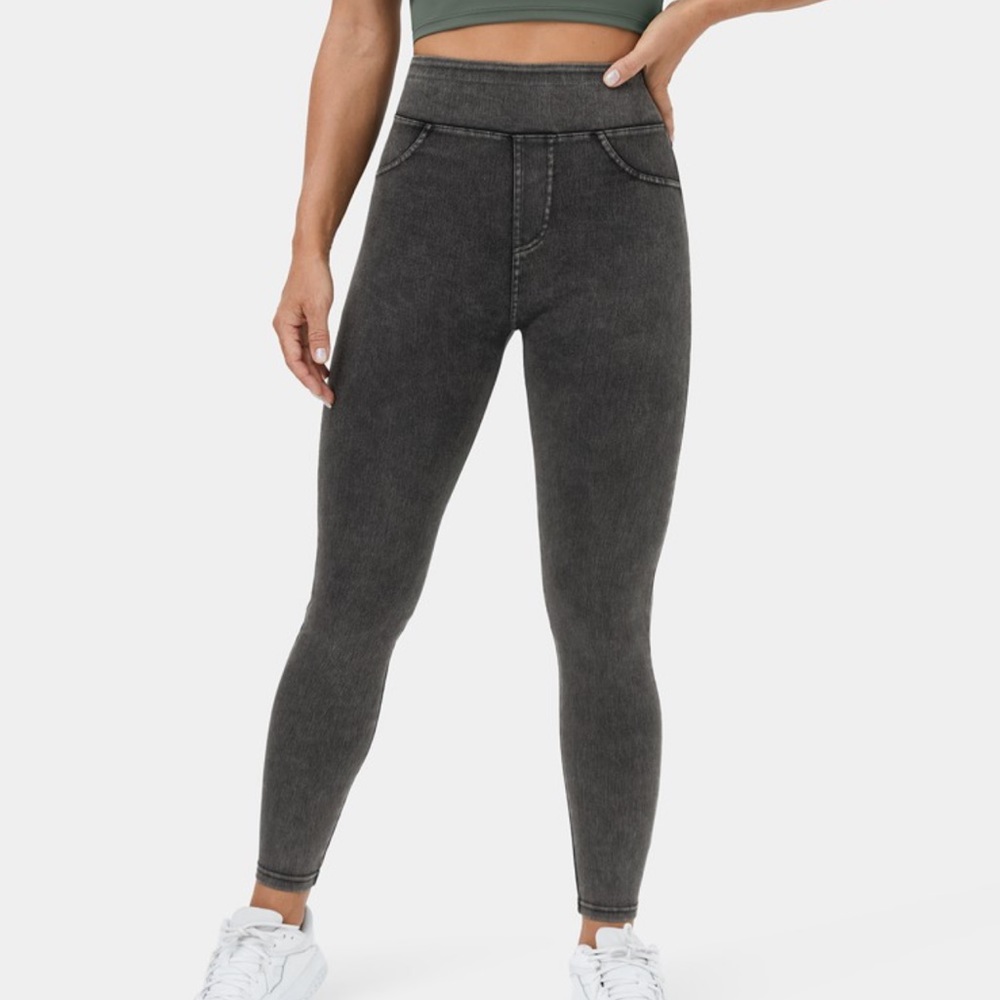 HalaraMagic™ High Waisted Grey Back Side Pocket Stretchy Knit Denim Leggings L